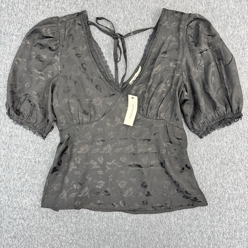 NEW Mi Ami Whimsy Goth Floral Puff Sleeve Blouse Black V Neck WOMEN M Coquette